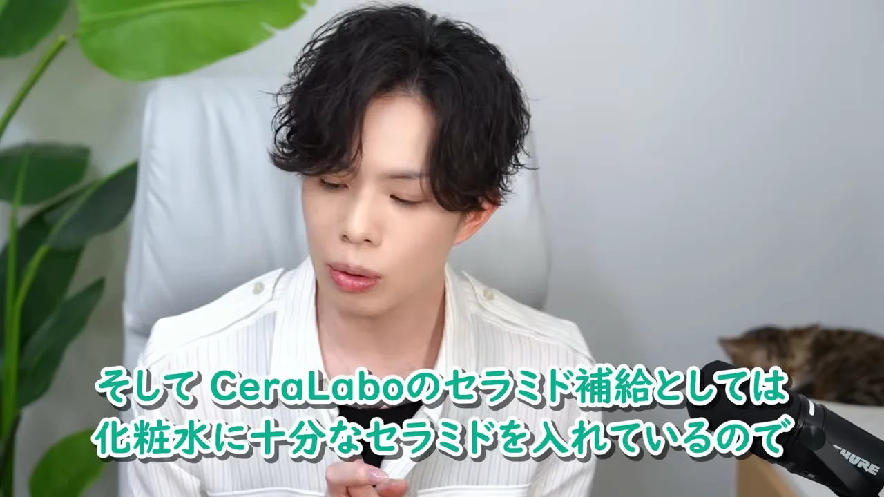 マイクの前に座った男性が、カメラに向かって身振りを交えながら語りかけています。
