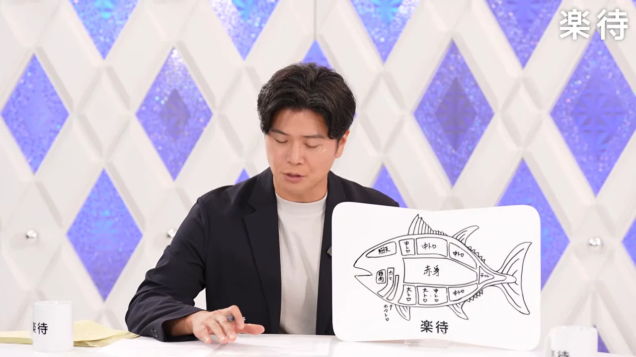 スタジオのデスクの前で、マグロの部位が描かれたイラストボードを置きながら手元の資料に目を落とす男性。