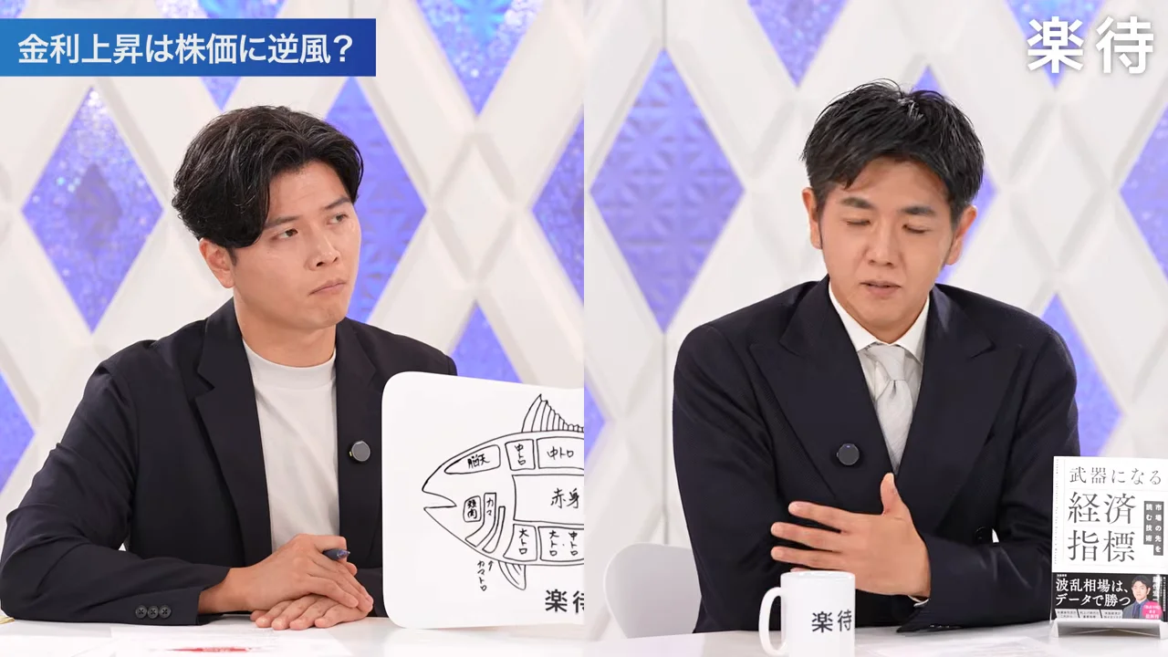 スタジオでマグロのイラストボードを持つ男性と、その隣で身振り手振りを交えながら話すスーツ姿の男性。