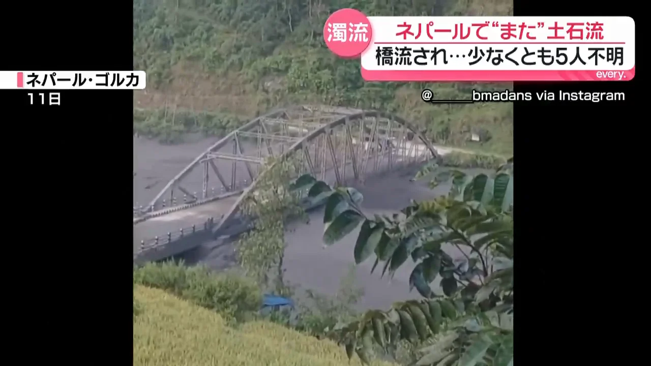 橋や家屋に迫る濁流