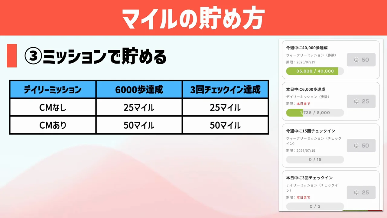 マイルの貯め方③：ミッションとログインボーナス