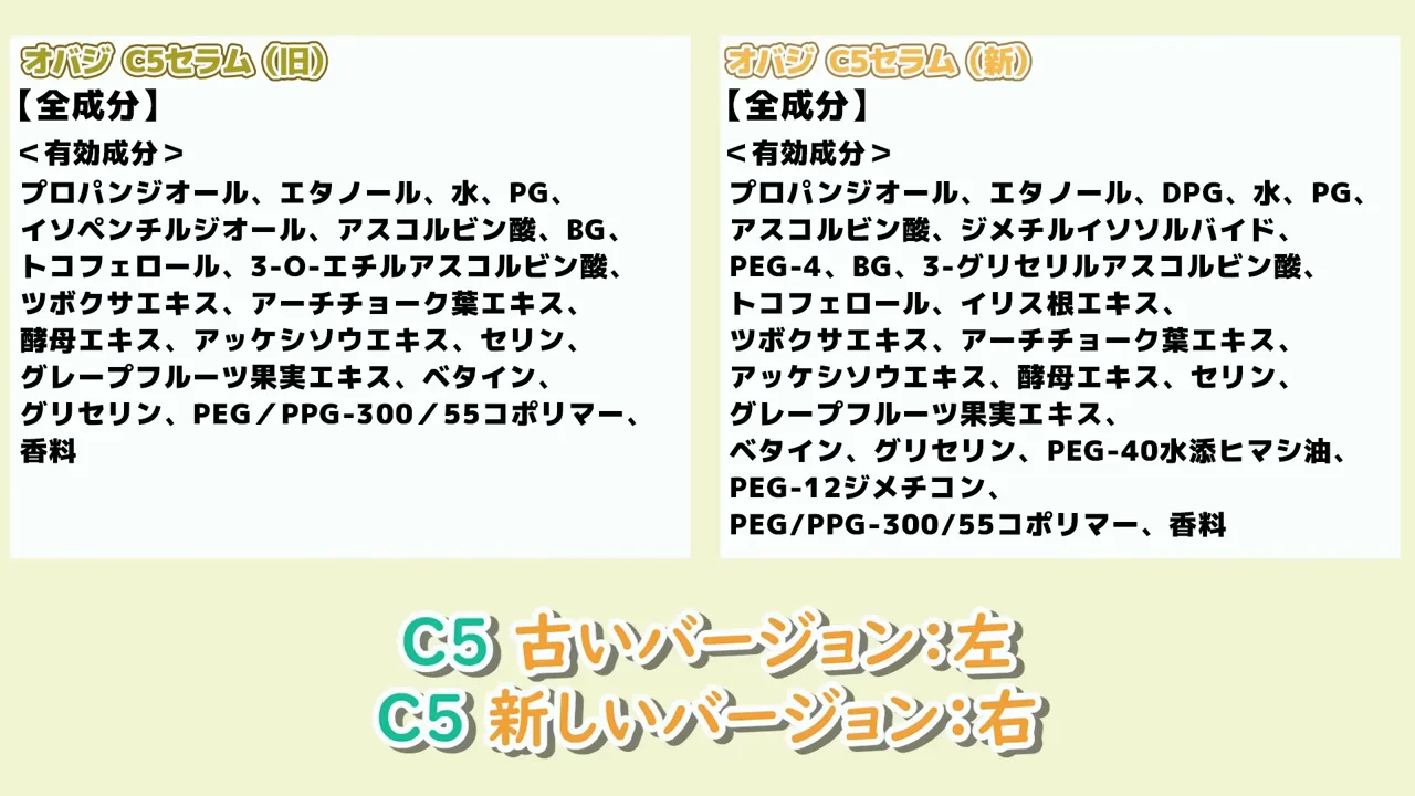 オバジC5セラムの旧バージョンと新バージョンの全成分比較表