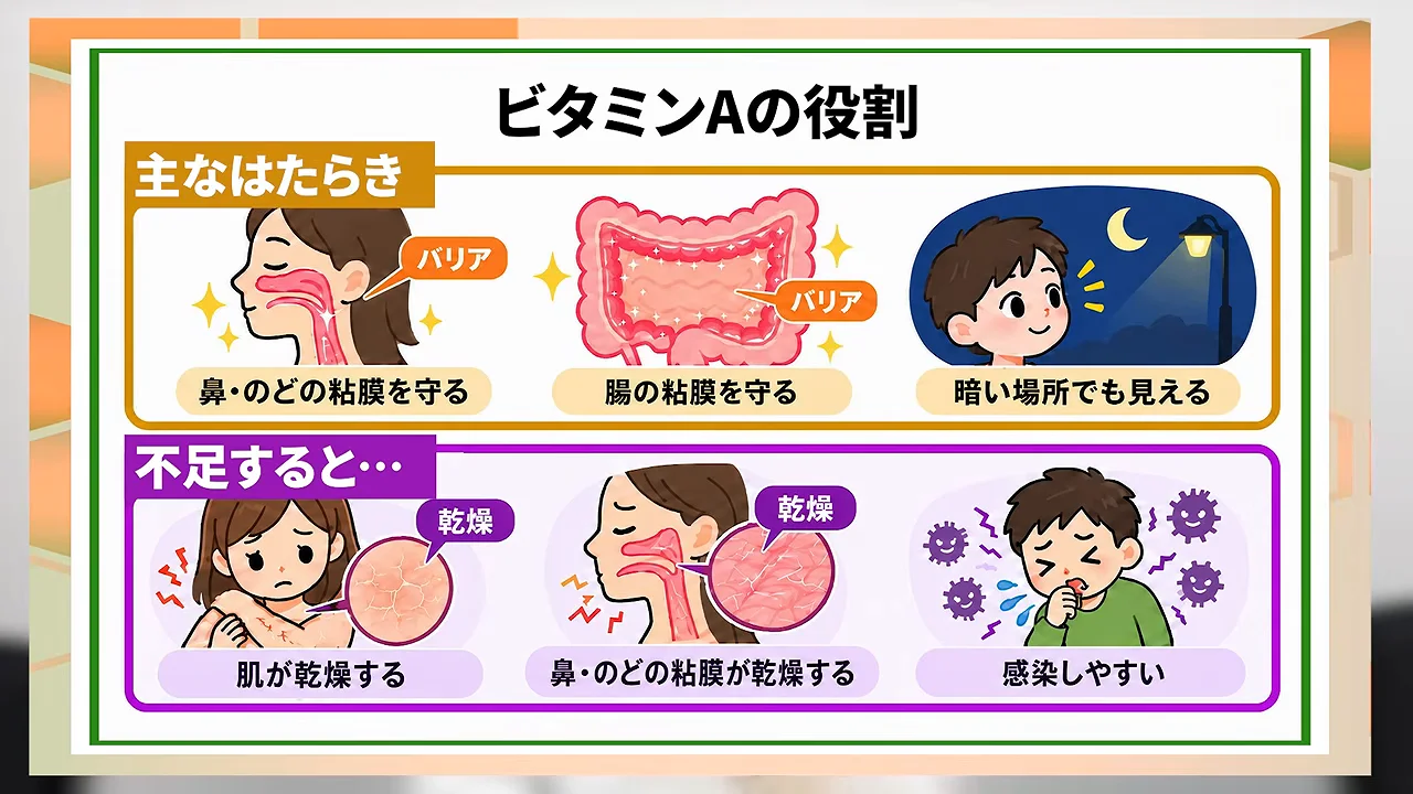 ビタミンAの主な働きと不足時の症状を説明するイラスト図解。