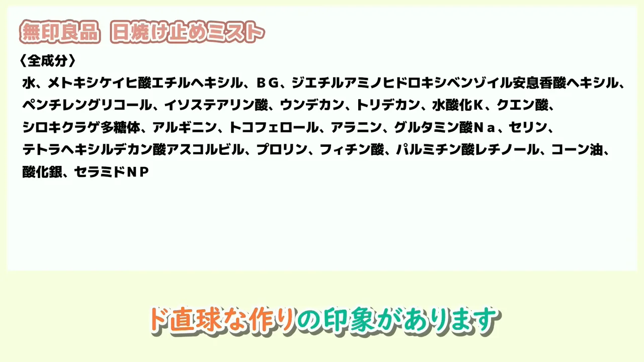無印良品の日焼け止めミストの全成分が表示された画面