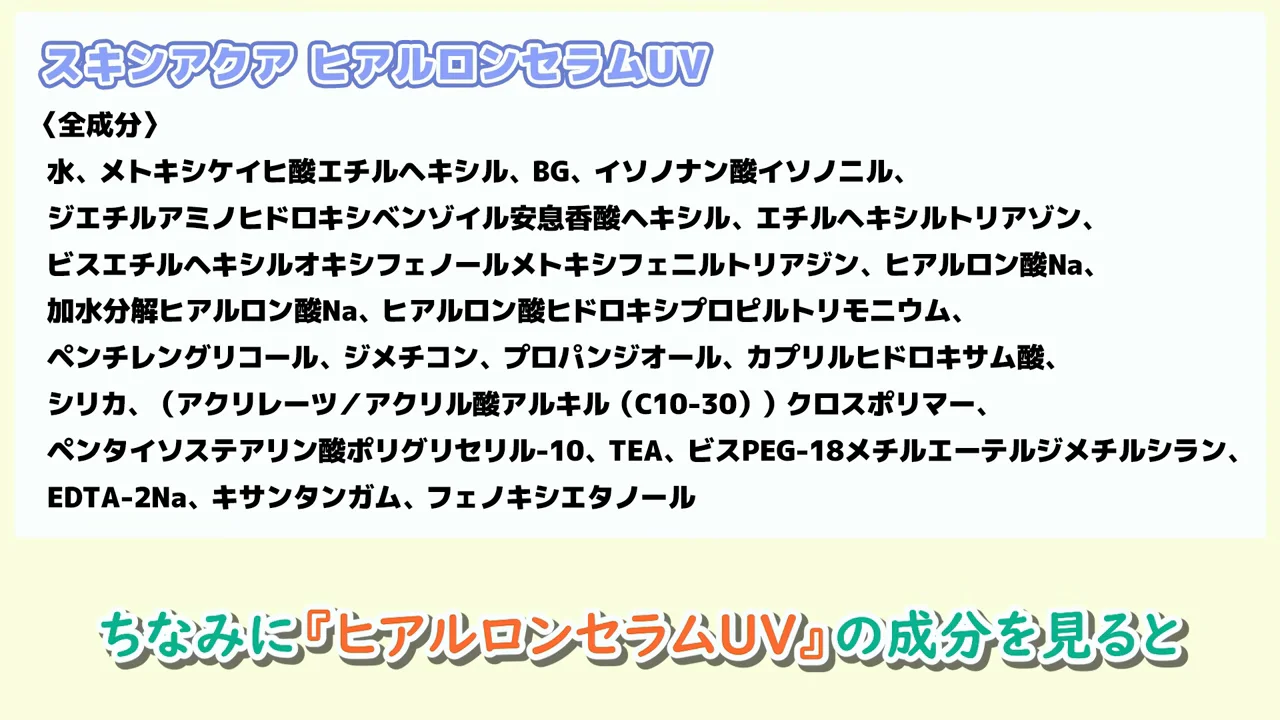 画面に日焼け止めの全成分リストが表示されている様子。