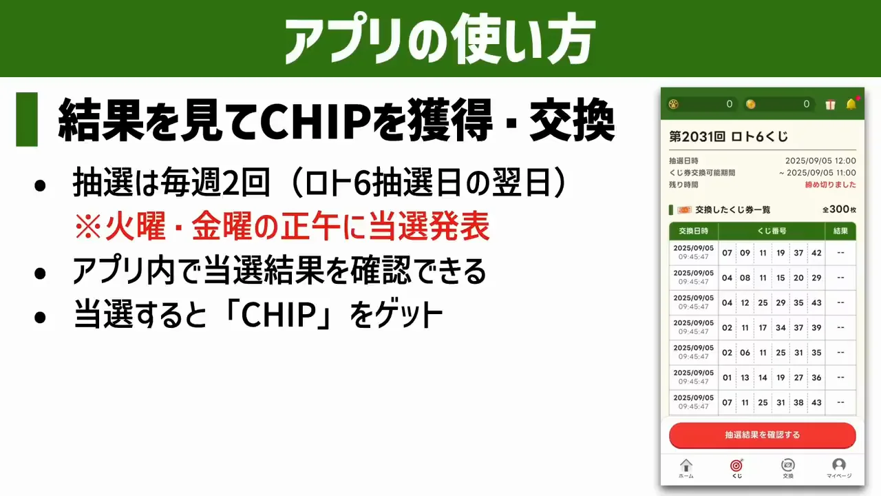 使い方3：当選結果とチップの交換