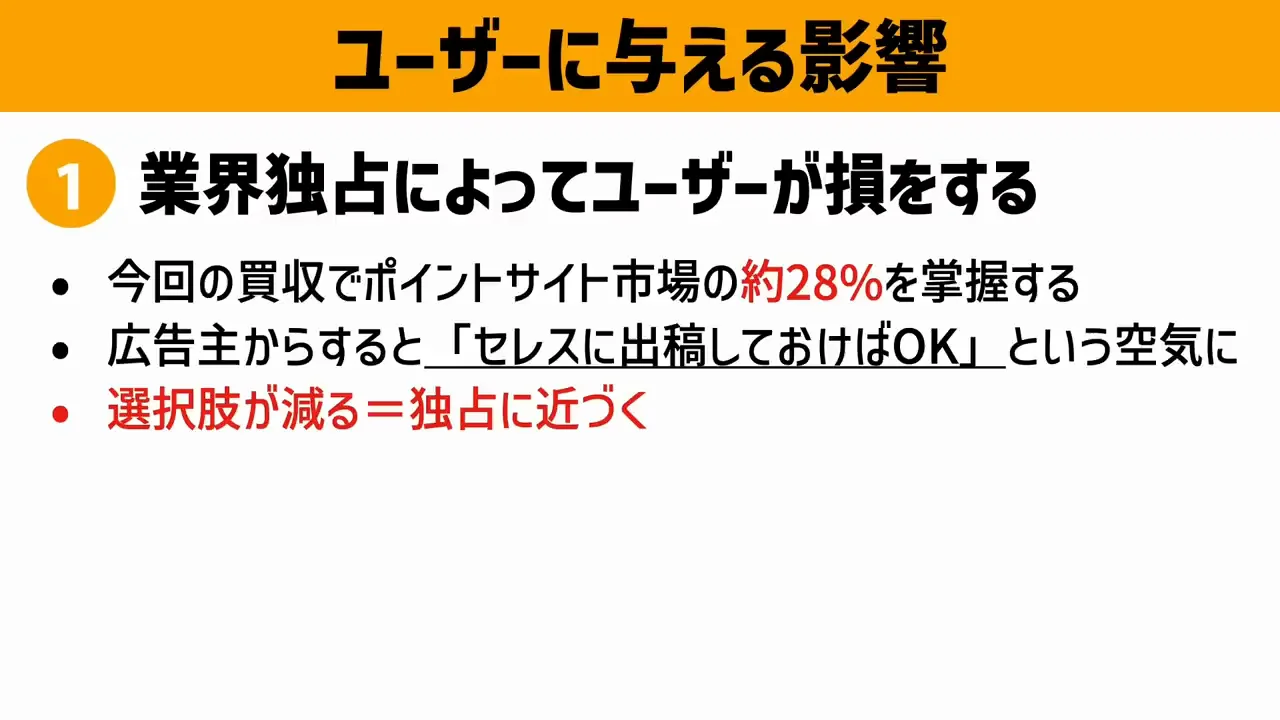 ユーザーへの影響①：独占で競争が弱まる