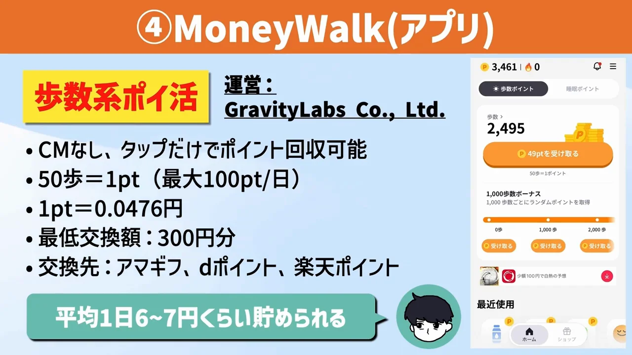 ④マネーウォーク：ワンタップ回収とボーナスで1日約6.8円