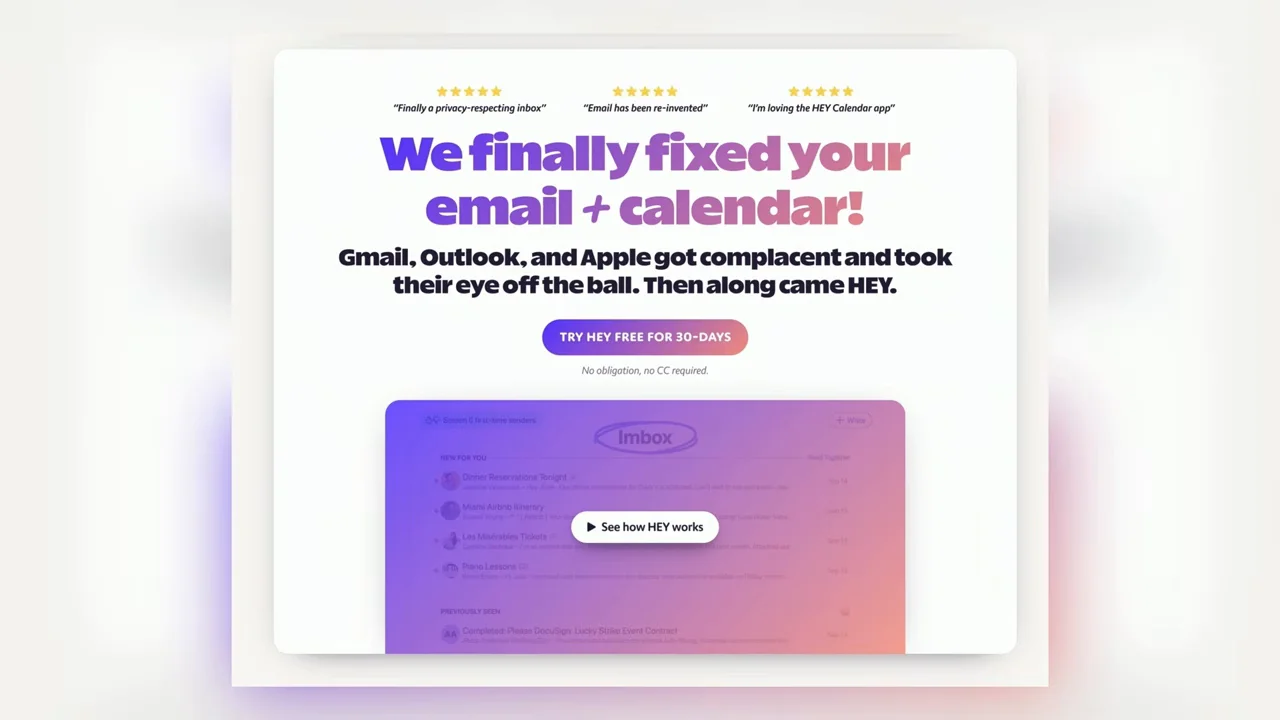 「We finally fixed your email + calendar!」と書かれたウェブサイトの画面。