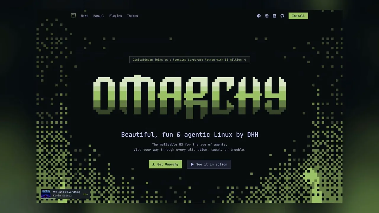 ドット絵風のフォントで「OMARCHY」と表示されたダークテーマのウェブサイト画面。