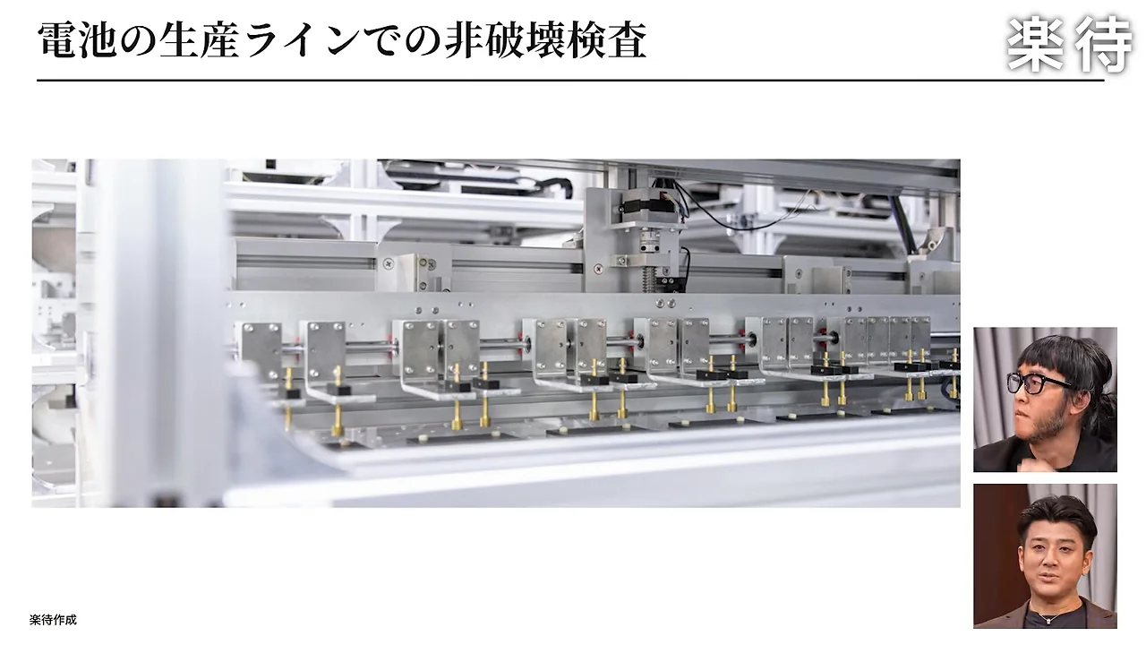 画面中央に工場設備のような機械が映り、右側に男性二人の小さな映像が並んでいる。